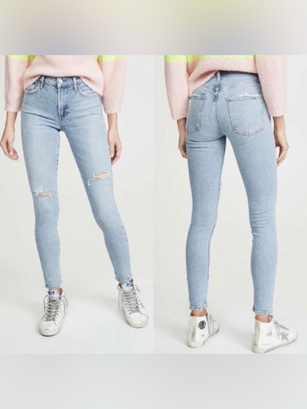 Agolde Sophie Light Wash Skinny Jeans with Pink Patch Size 27